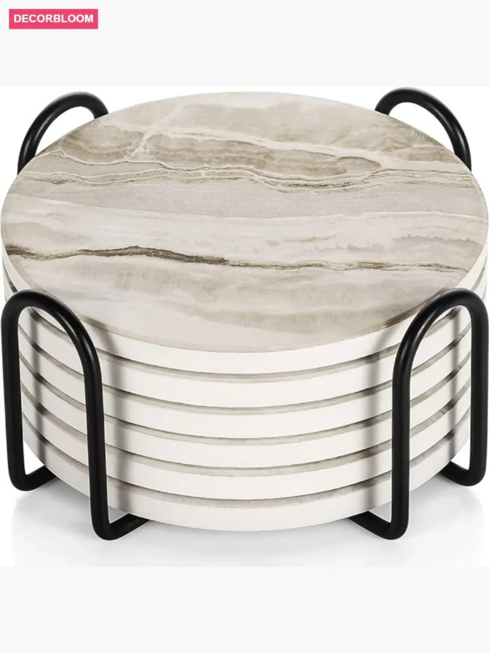 Set of 6 Absorbent Stone Coasters with Holder - Home Decor